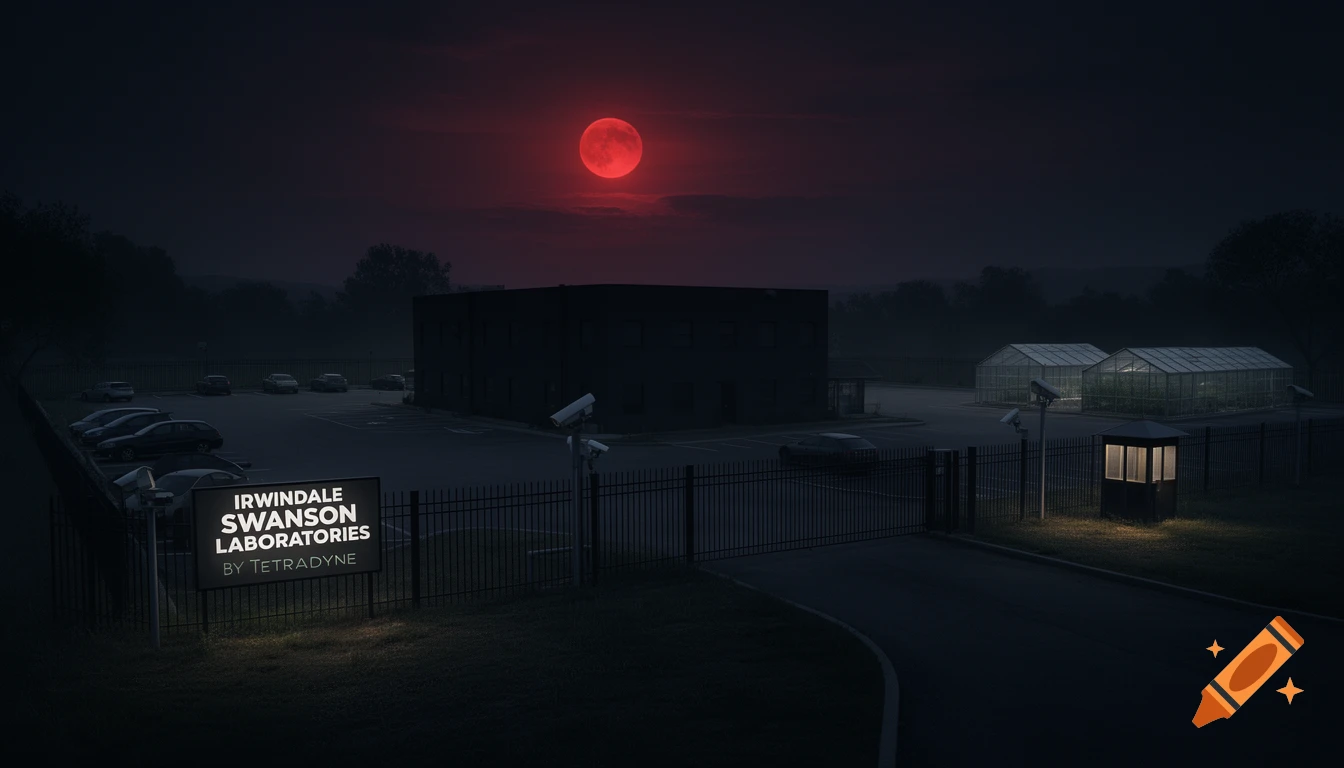 A dark, imposing laboratory building and greenhouses at night, illuminated by a large, ominous red moon.