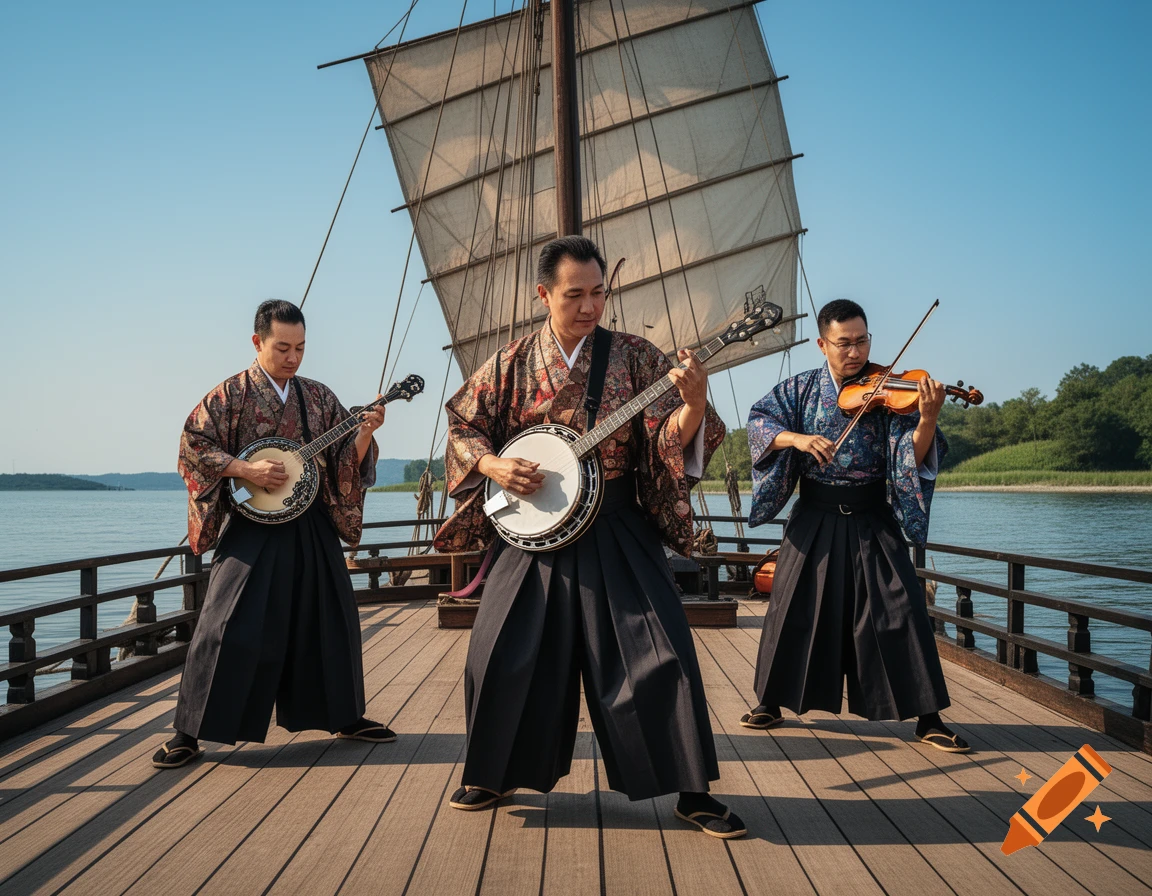 Three men in traditional Japanese clothing play banjos and a violin on the wooden deck of a junk boat on water under a blue sky.