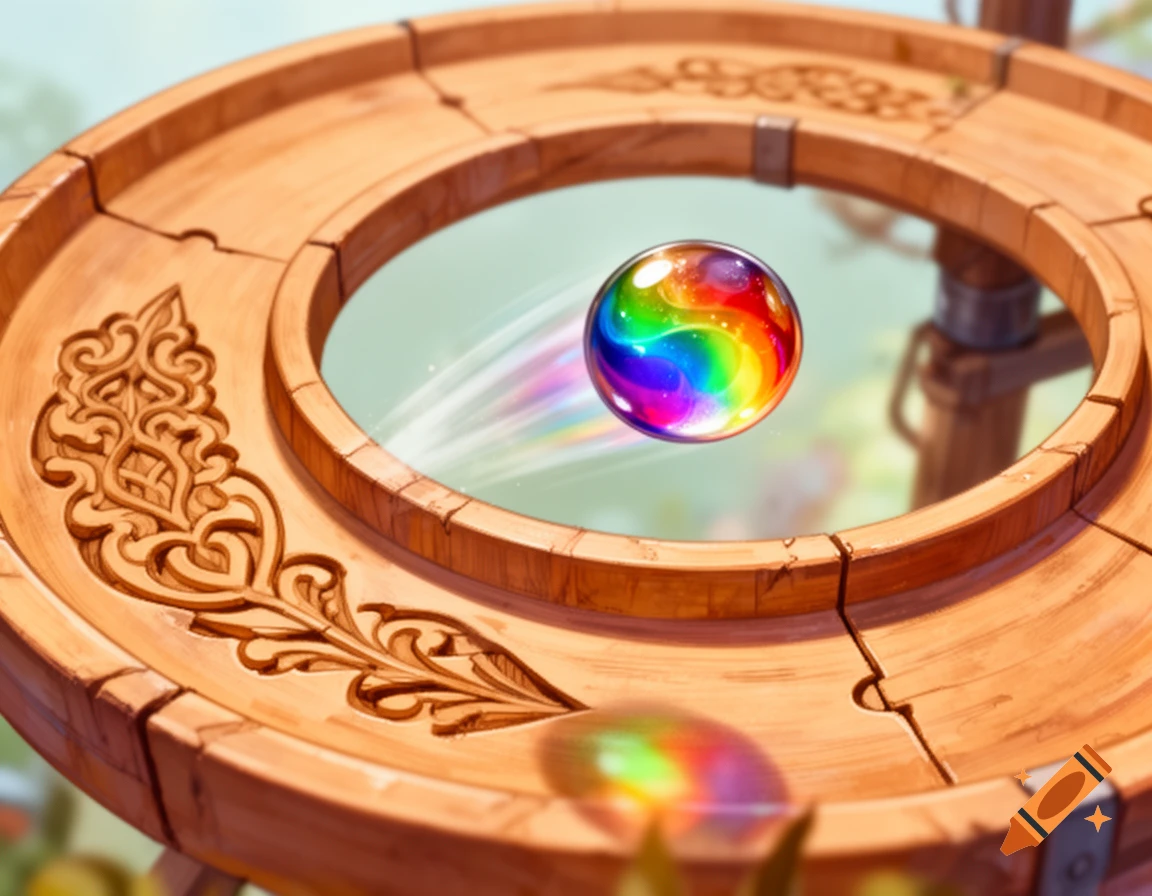 A vibrant rainbow marble flies out of a curve on a beautifully carved wooden marble run, with a motion blur effect.