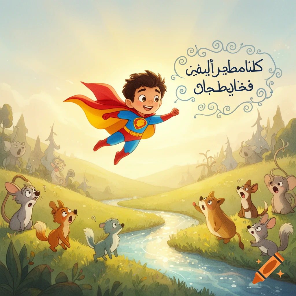 A cartoon superhero boy in a red and blue suit with a yellow cape flies over a green landscape with a river. Several cartoon animals, including mice and foxes, look up at him in surprise.