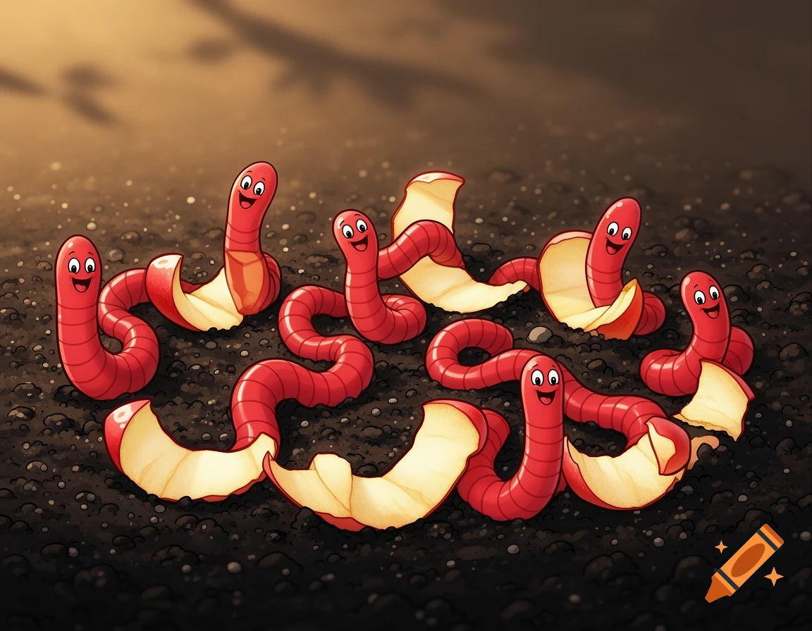 Cartoon red worms with happy faces wriggle among apple peels on dark, textured soil.