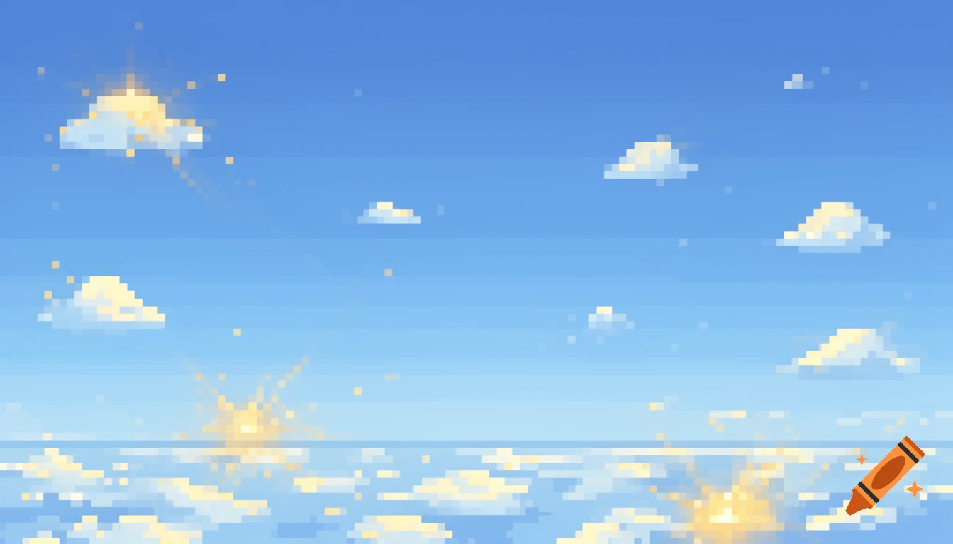 A pixelated cartoon background of blue skies with white clouds and shining suns, reflected on a calm surface.
