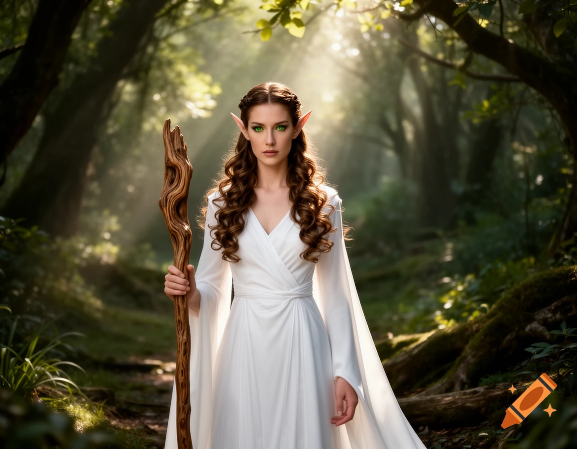 A serene elf woman with green eyes and brown curly hair, wearing a white robe, holds a wooden staff in a sunlit forest.