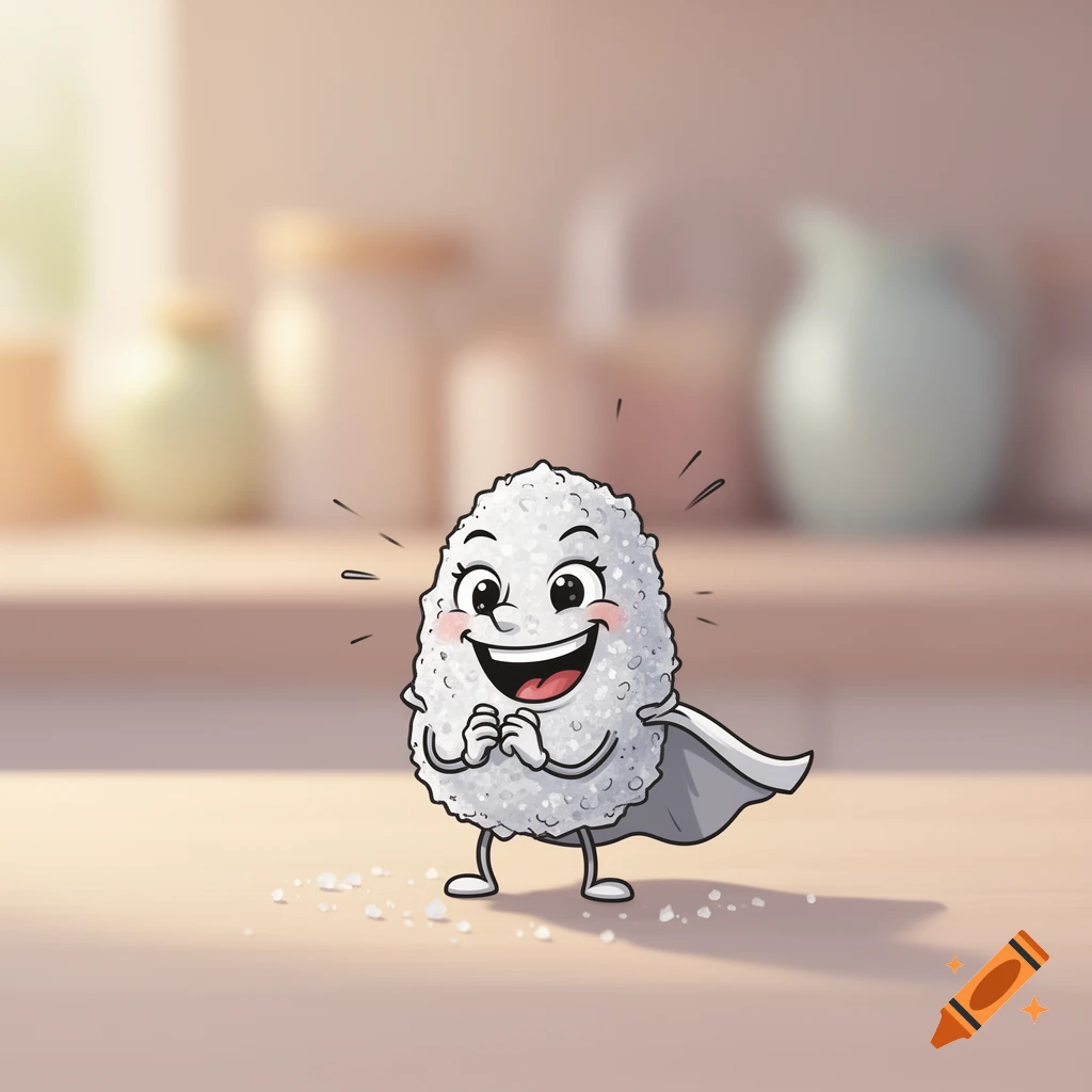 A happy cartoon grain of salt with a cape rubs its hands together on a kitchen counter, with scattered salt around.