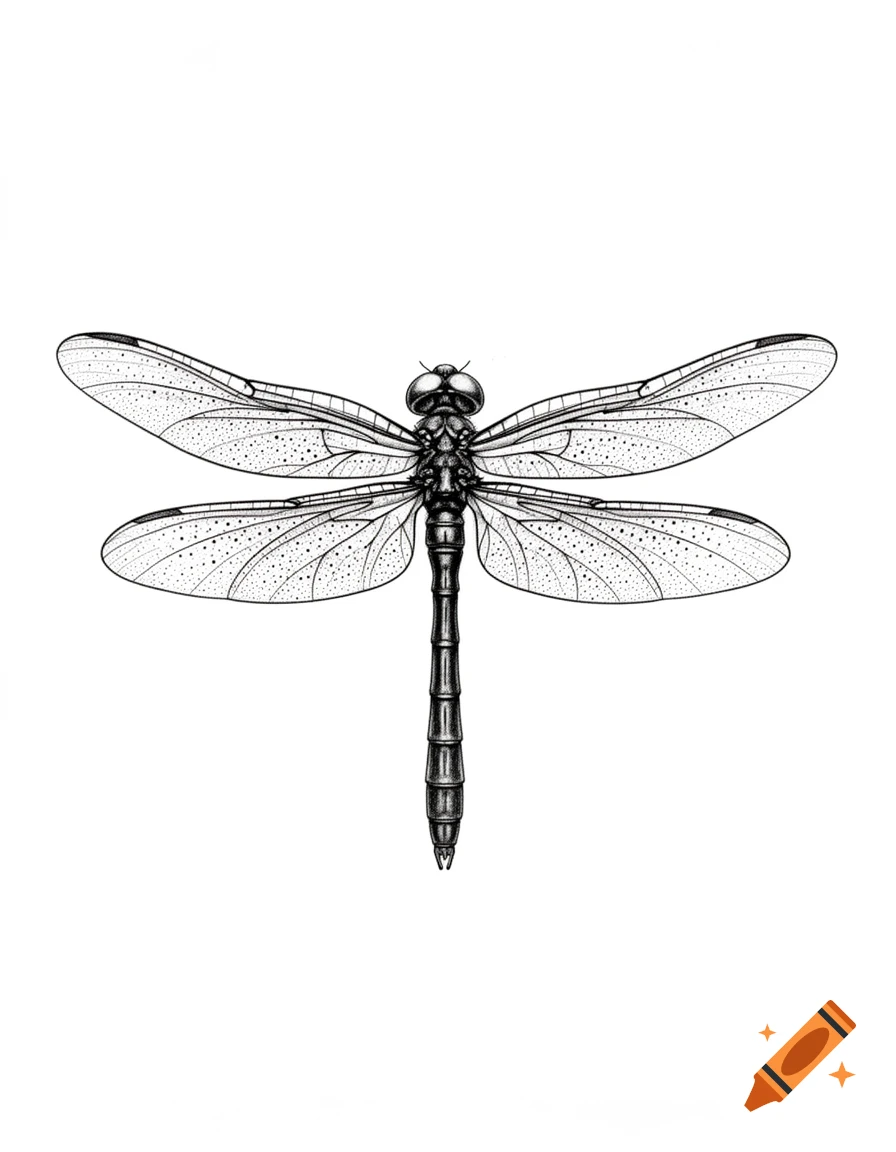 A detailed black and white illustration of a dragonfly from a top-down view, with intricate wing venation and body segments.