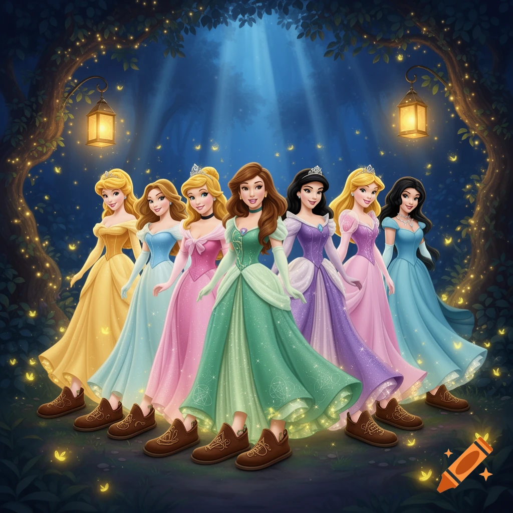 Six Disney-style princesses in colorful gowns and brown ankle boots stand in an enchanting, glowing forest at night.