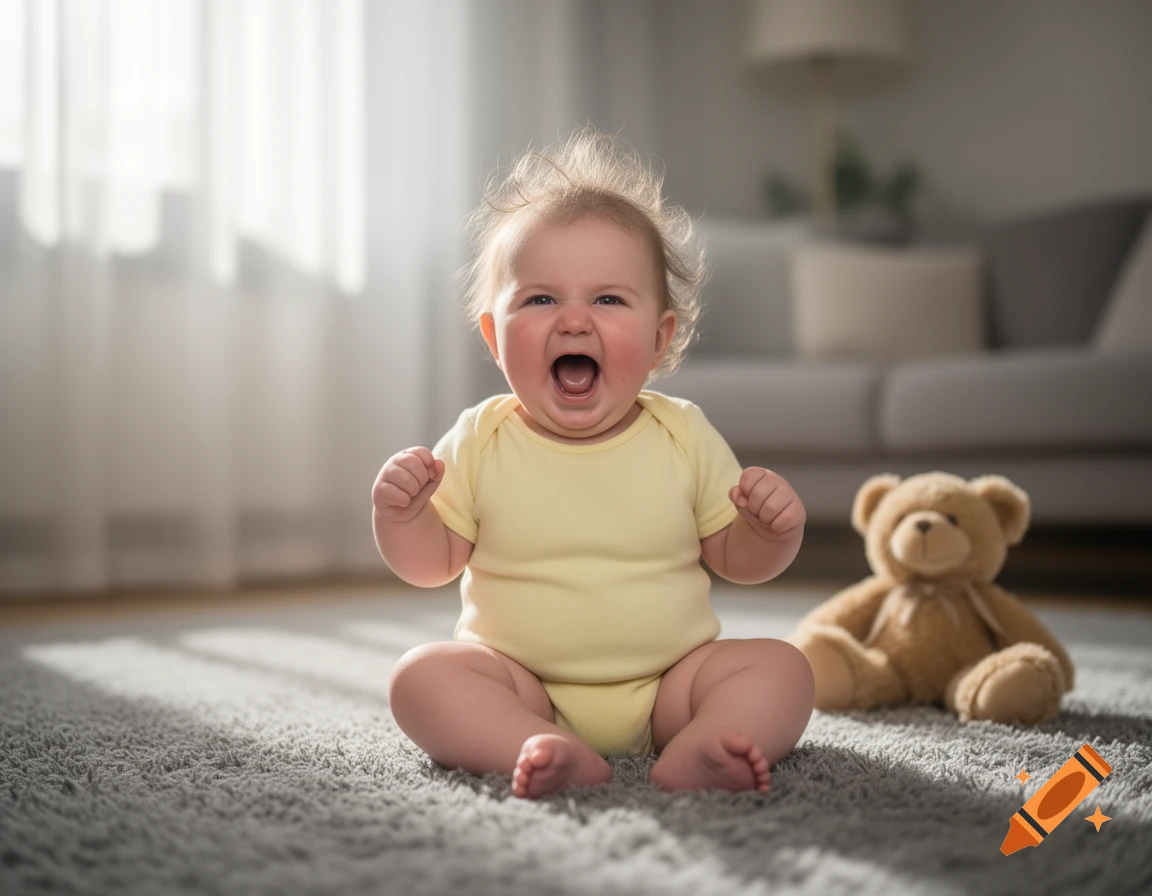 A photorealistic baby in a yellow onesie sits on a gray carpet, mouth wide open, next to a teddy bear.
