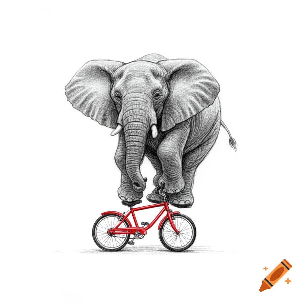 A realistic pencil sketch of an African elephant standing on a small red bicycle on a white background.
