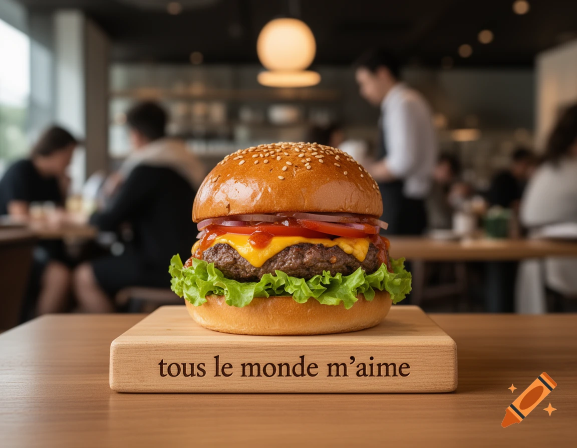 A photorealistic hamburger with cheese, lettuce, tomato, and onion on a sesame seed bun, resting on a wooden board with text, set in a blurred restaurant background.
