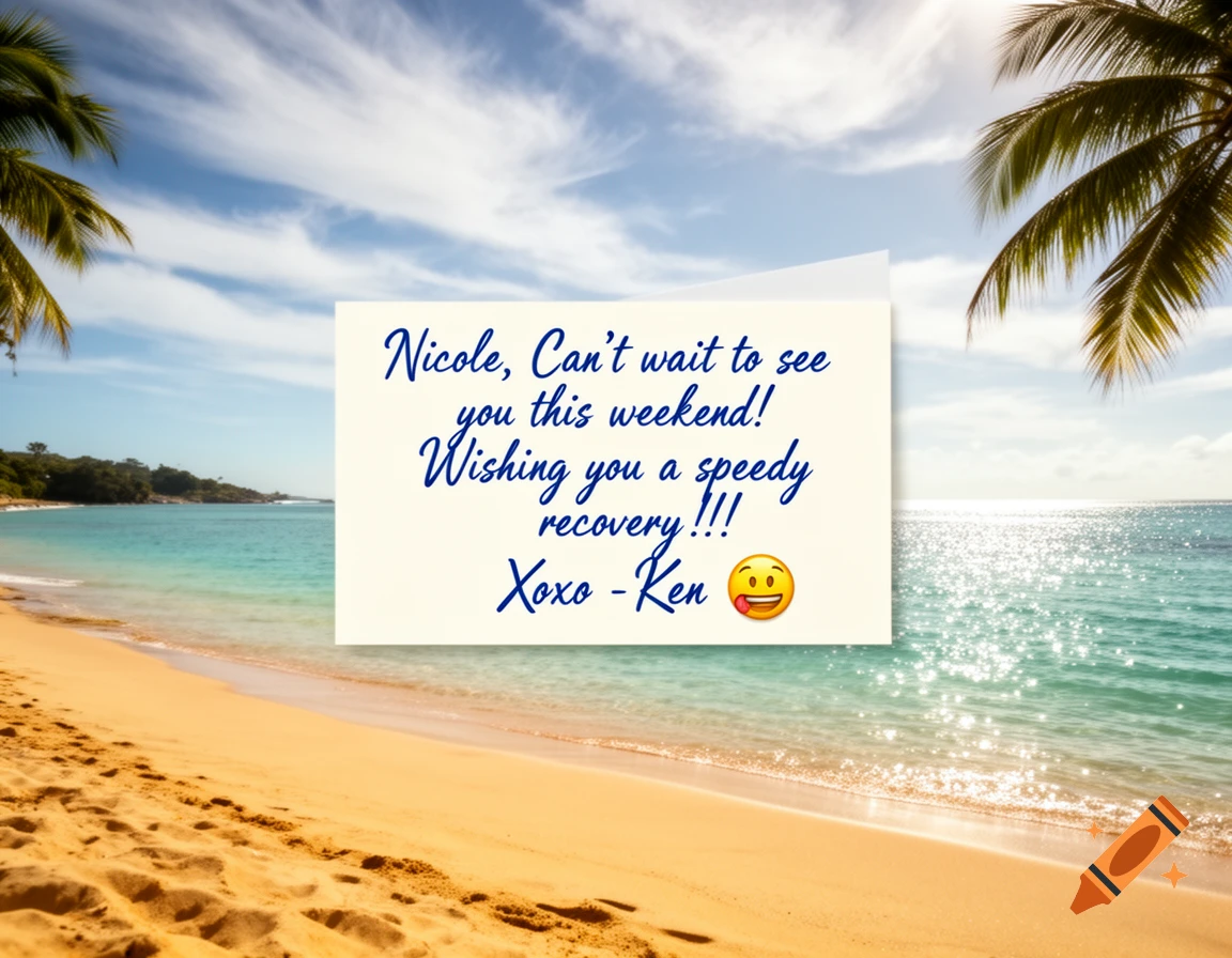 A white greeting card with blue text and an emoji on a sunny tropical beach with palm trees and turquoise water.