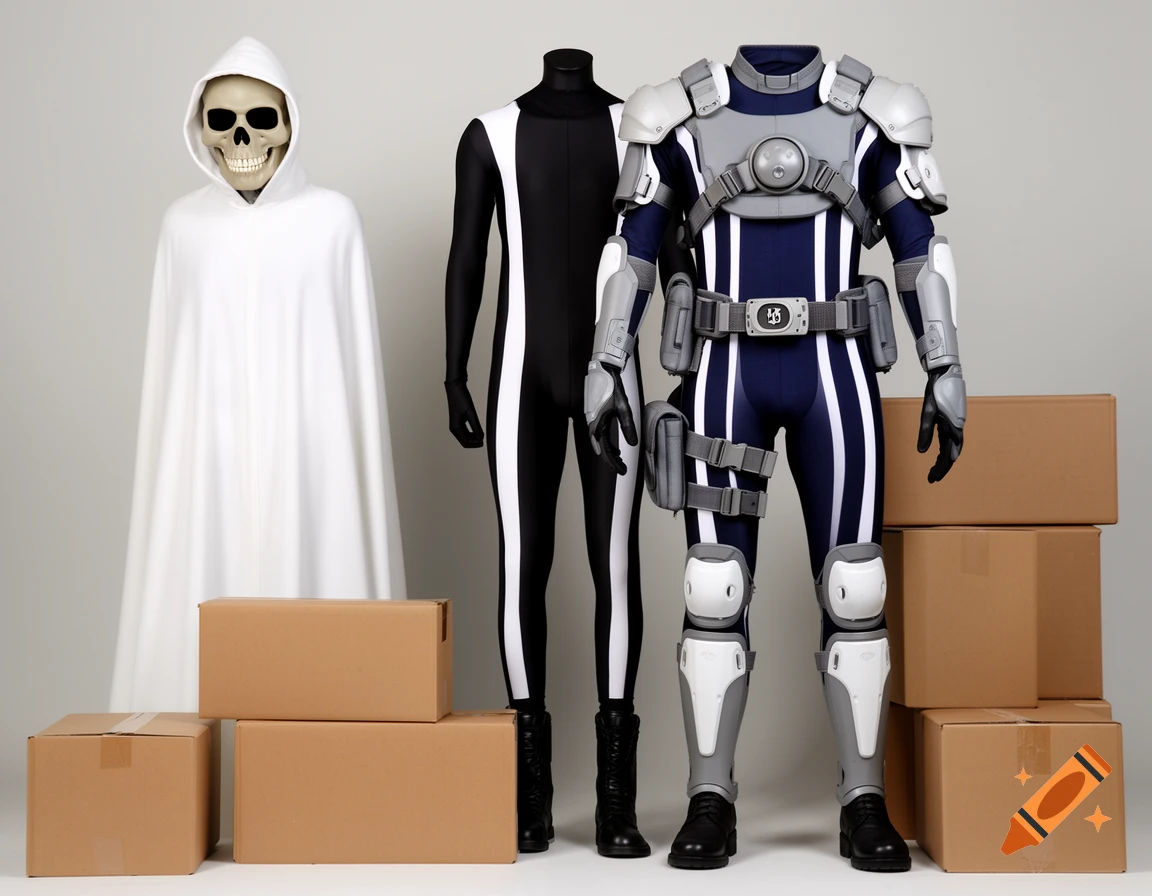 Three costumed mannequins in a studio setting: one in a white hooded cloak with a skull mask, one in a black and white striped bodysuit, and one in a blue and white striped bodysuit with grey futuristic armor, standing among cardboard boxes.