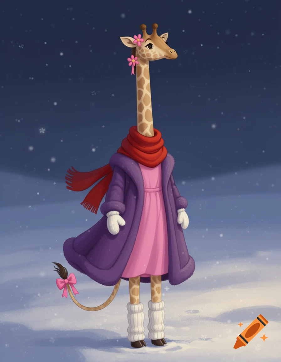 A cartoon female giraffe in a red scarf, pink dress, purple coat, white mittens, and white leg warmers stands in a snowy night.