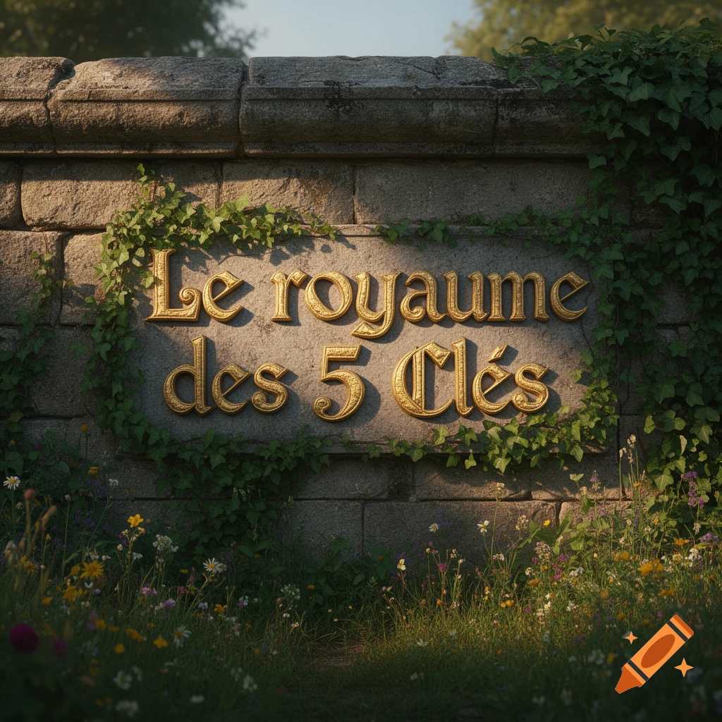 A stone wall with golden ornate text "Le royaume des 5 Cl és" and ivy, surrounded by wildflowers.
