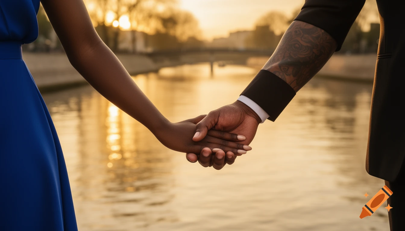 Close-up of a person in a blue dress and a tattooed person in a suit holding hands by a river at golden hour, photorealistic.