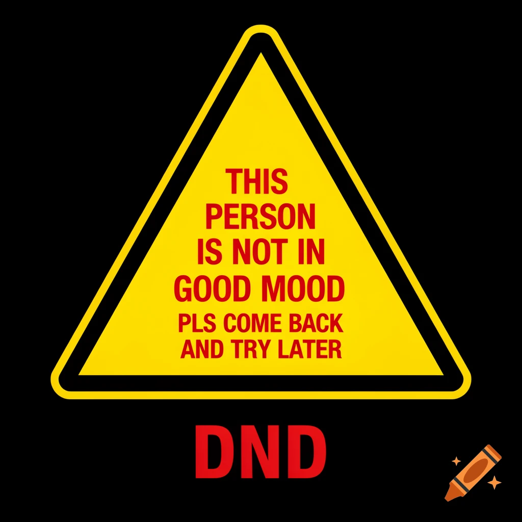 A yellow triangular warning sign with a black border on a black background. Red text inside reads 'THIS PERSON IS NOT IN GOOD MOOD PLS COME BACK AND TRY LATER'. Below the sign, 'DND' is written in large red letters.