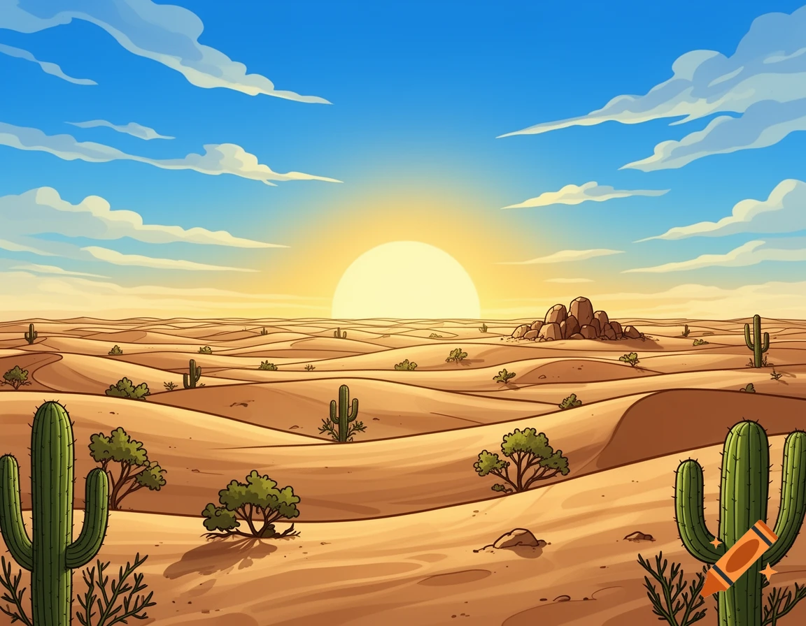 Cartoon desert landscape at sunset with rolling sand dunes, various cacti, and a bright sun low in the sky.