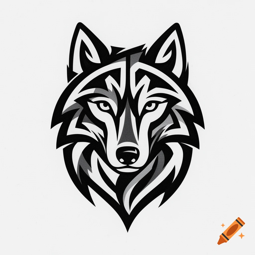 Black and white stylized tribal wolf head illustration on a white background.
