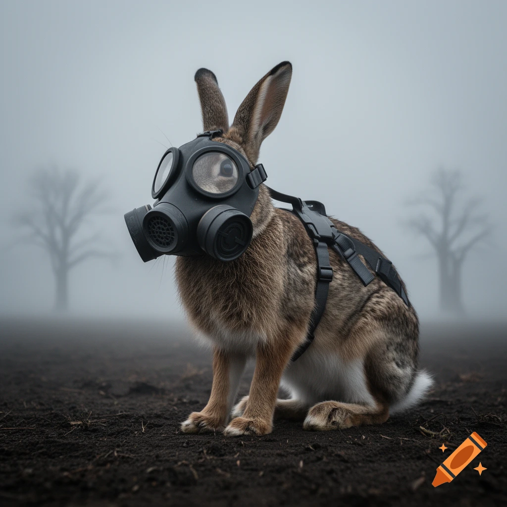 A photorealistic brown hare wearing a black gas mask sits on dark soil in a dense fog with bare trees.