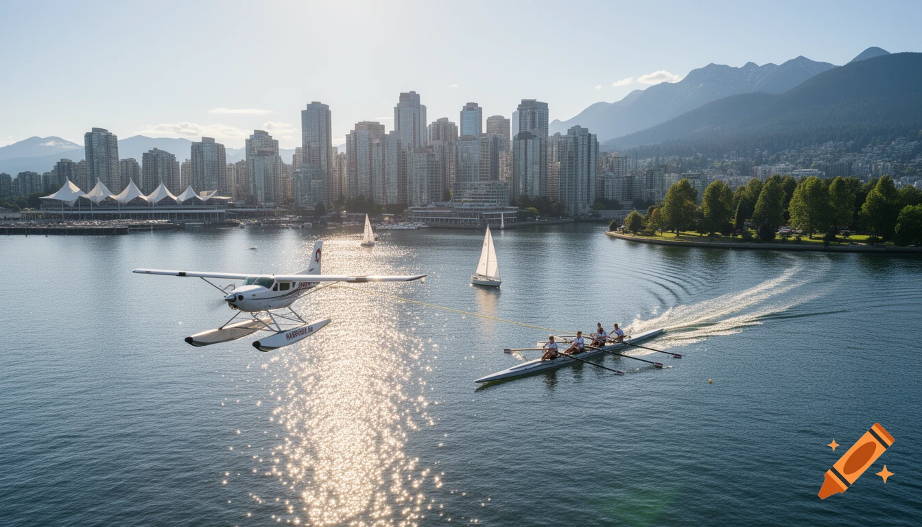 Aerial view of a white seaplane towing a rowing shell with four rowers over a sparkling harbor, city skyline and mountains in background.