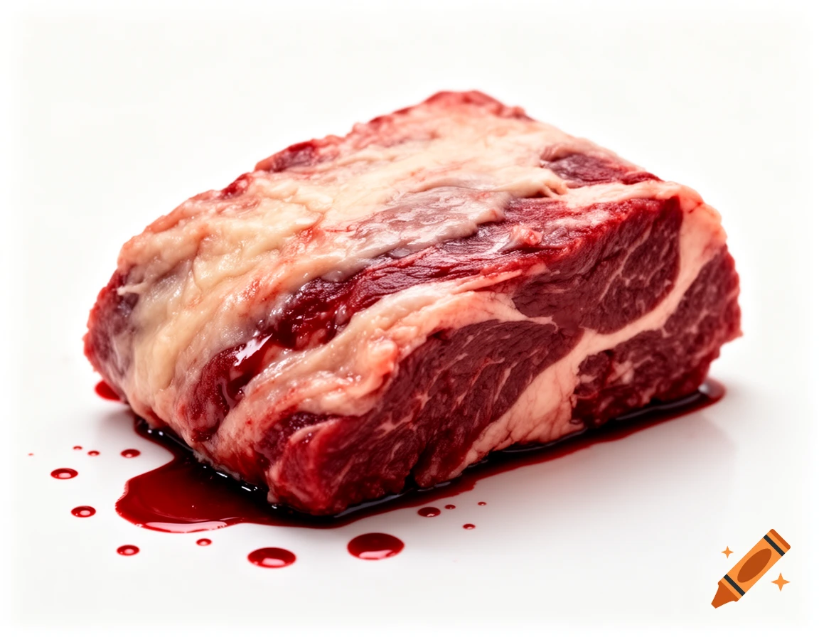 A photorealistic close-up of a raw, marbled piece of red meat with blood on a white background.