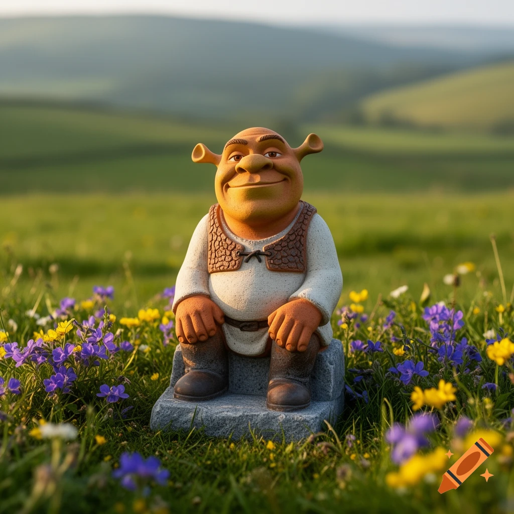 A photorealistic Shrek garden statue sits on a grey stone in a lush green field filled with small purple and yellow wildflowers.
