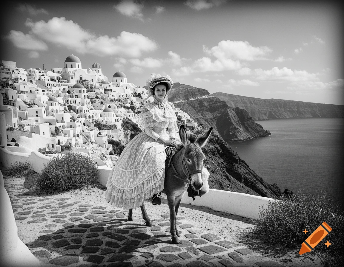 Black and white photo of a woman in an 1860s crinoline dress riding a donkey on a cobbled path in Santorini, overlooking the sea and white cliffside buildings.