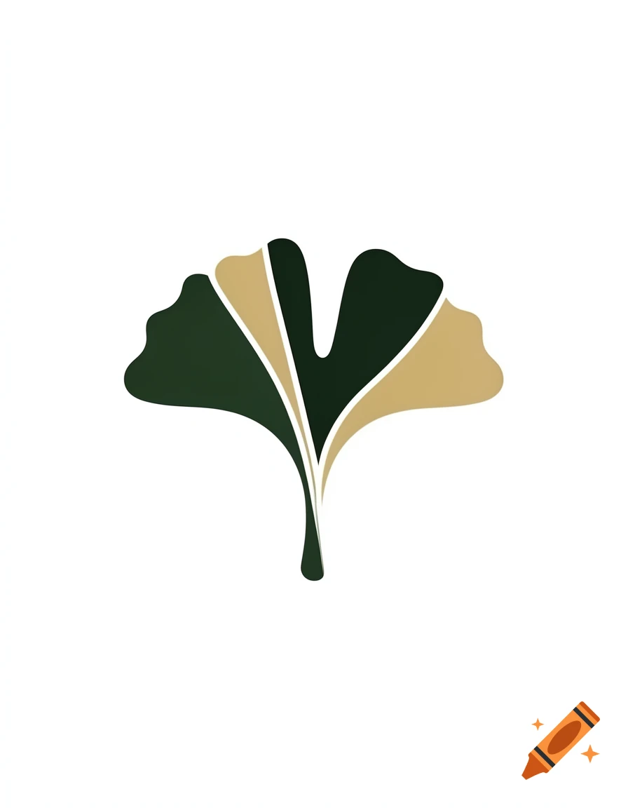 A stylized ginkgo leaf in dark green and gold on a white background.