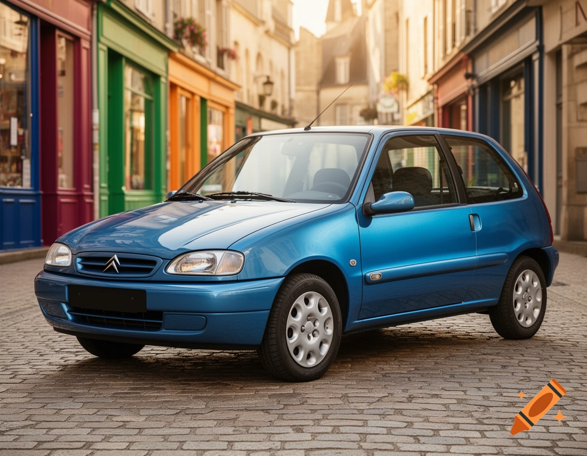 A blue Citroen Saxo car parked on a cobblestone street in front of colorful storefronts in a European city, bathed in warm sunlight.