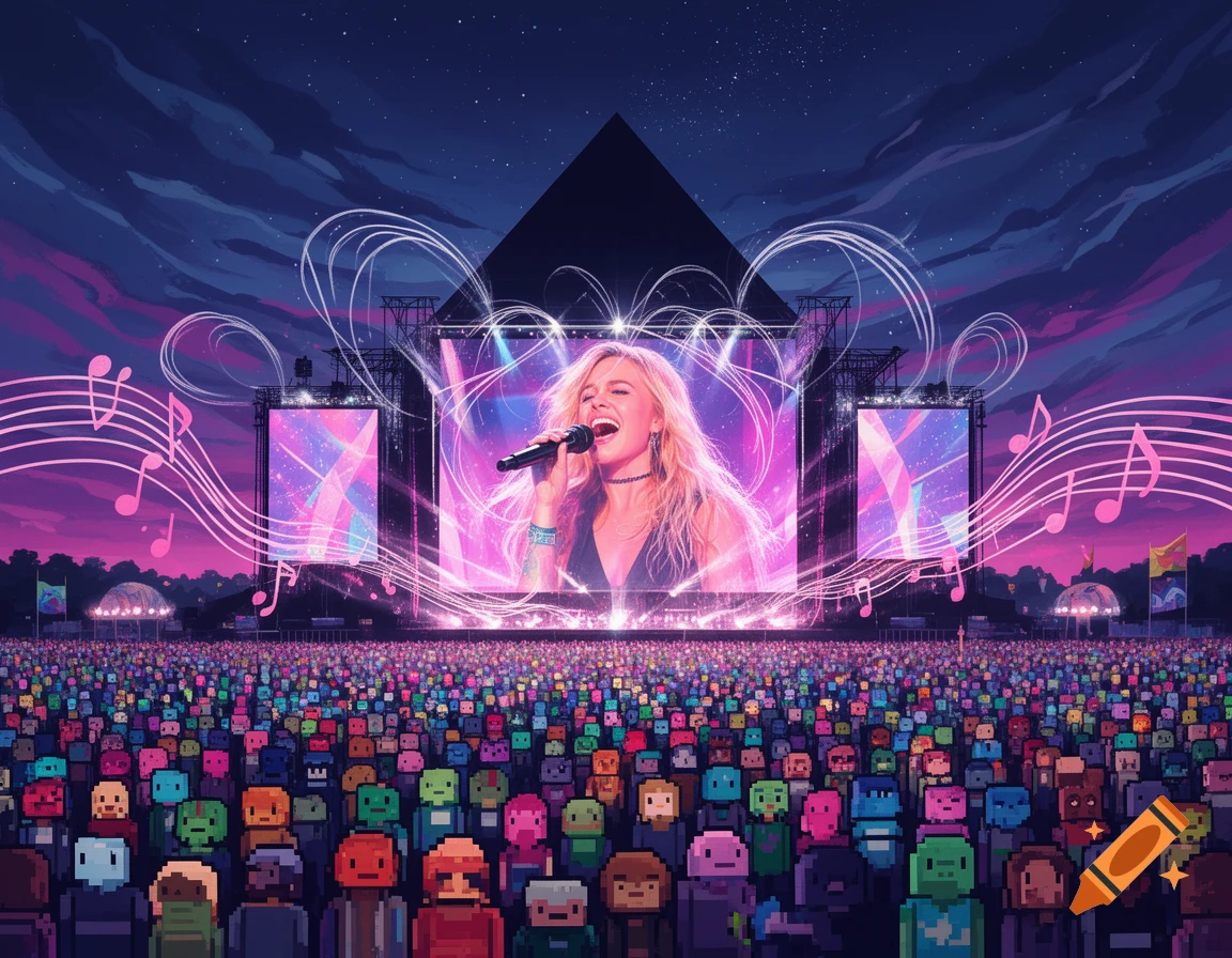 Vibrant illustration of a female singer on a stage at a music festival with a massive pixelated crowd under a starry night sky.