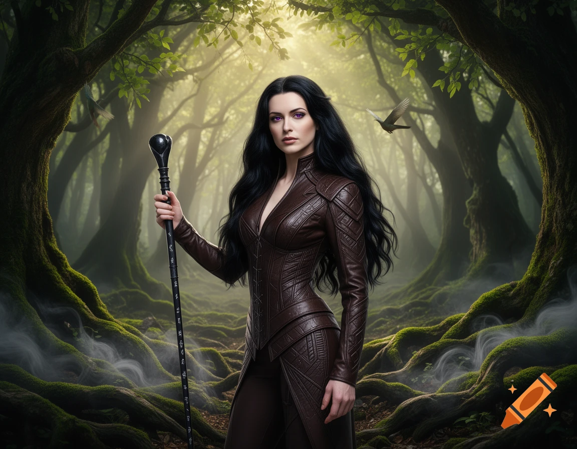 A dark-haired woman with purple eyes in a brown leather outfit holds a staff in a mystical forest with moss-covered roots and glowing light.
