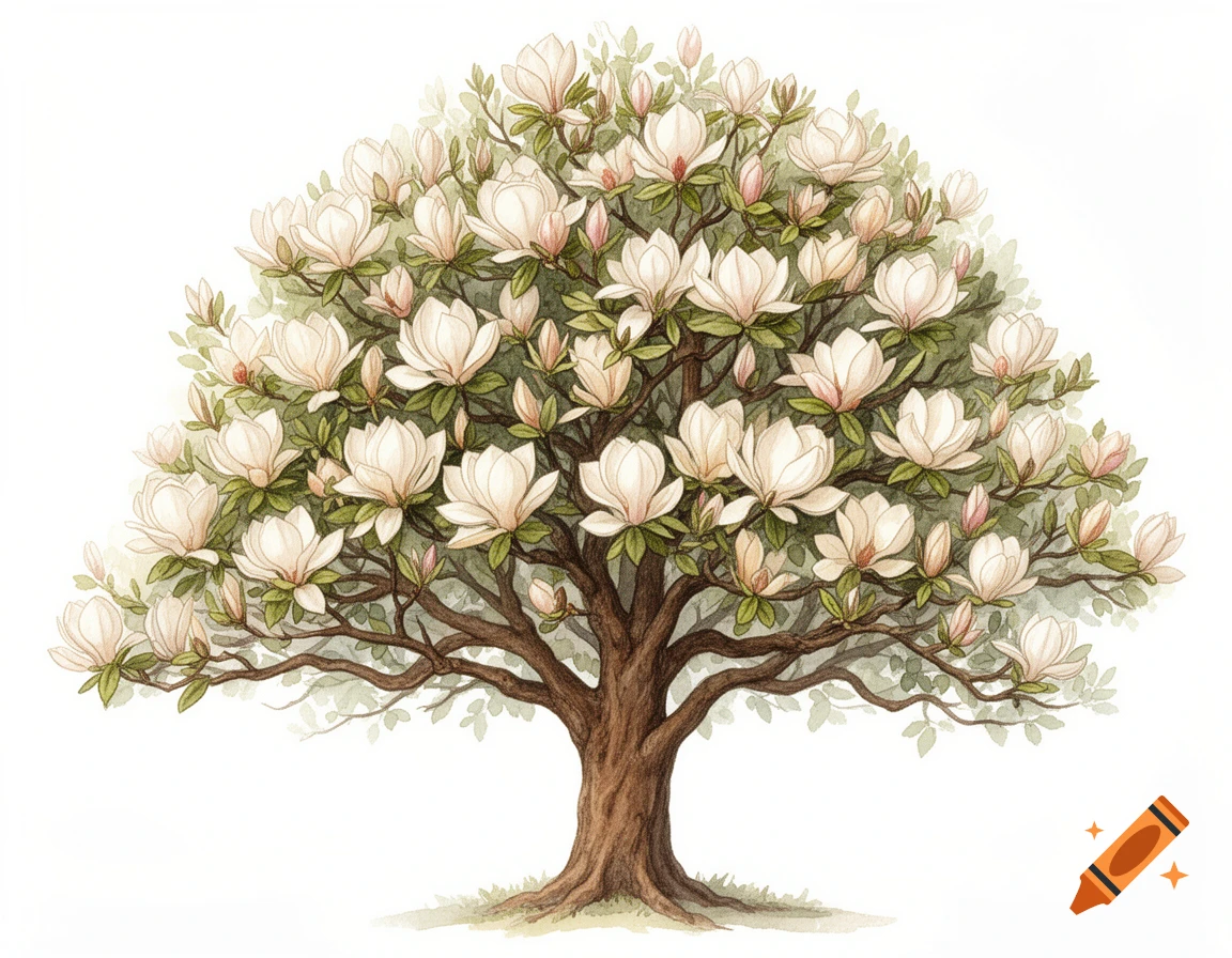 Watercolor illustration of a blooming magnolia tree with a full canopy of white flowers and green leaves on a white background.