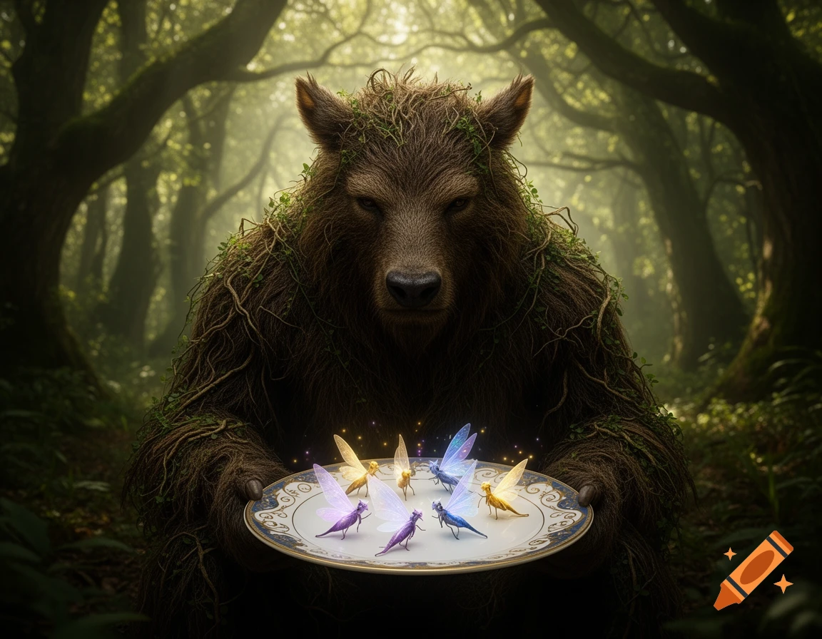 A large, furry, vine-covered beast in a dark forest holds a plate of glowing, colorful fairies.