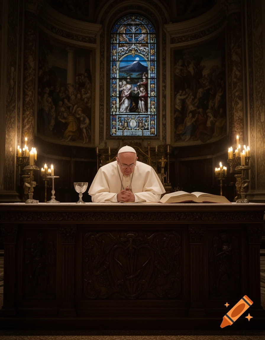 Pope Francis in white robes sits at a carved wooden altar, praying with clasped hands, lit by candles and stained glass in a dark church.