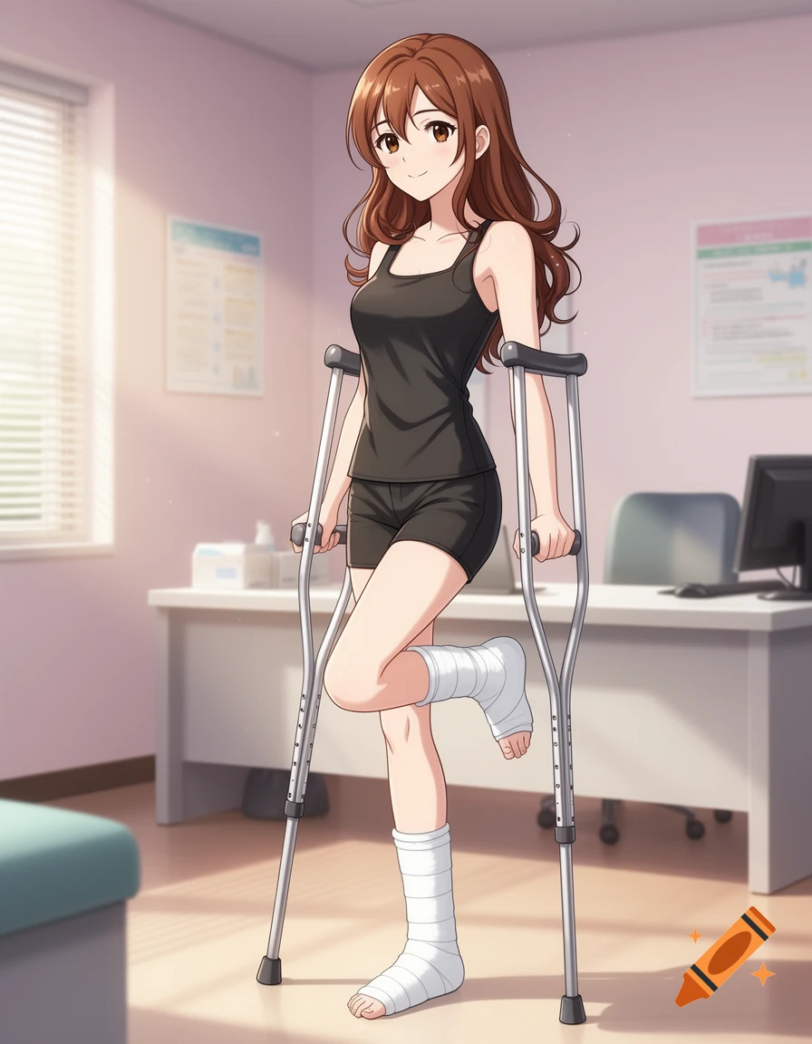 Anime woman in black tank top and shorts with a leg cast and crutches, standing in a doctor's office.
