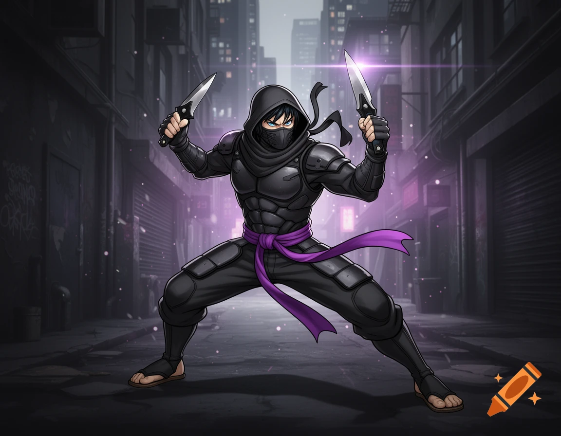 A comic book style ninja in a black suit with a purple sash, holding two knives in a dark city alley.