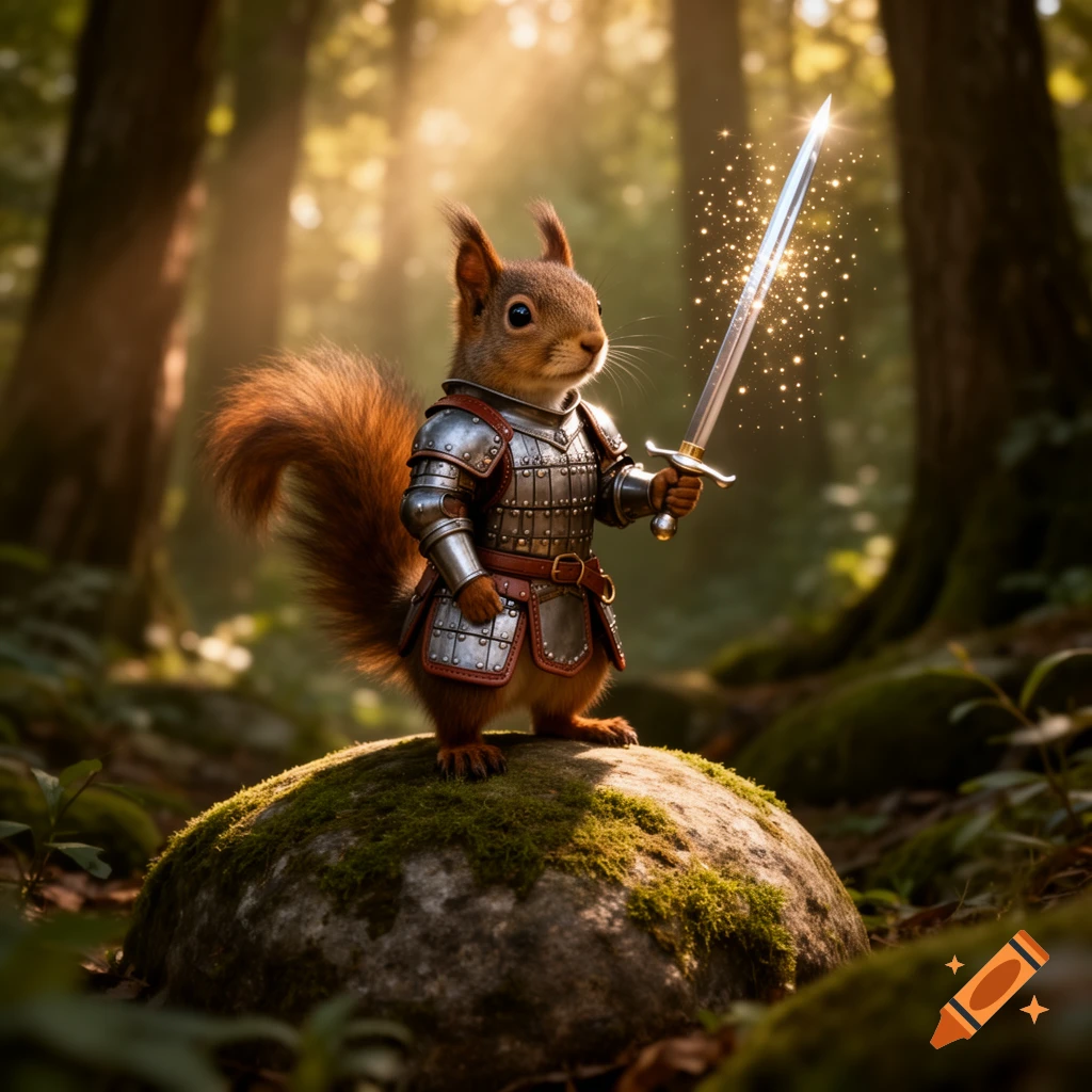 A photorealistic squirrel knight in brigantine armor stands on a mossy rock in a sunlit forest, holding a sparkling rapier.