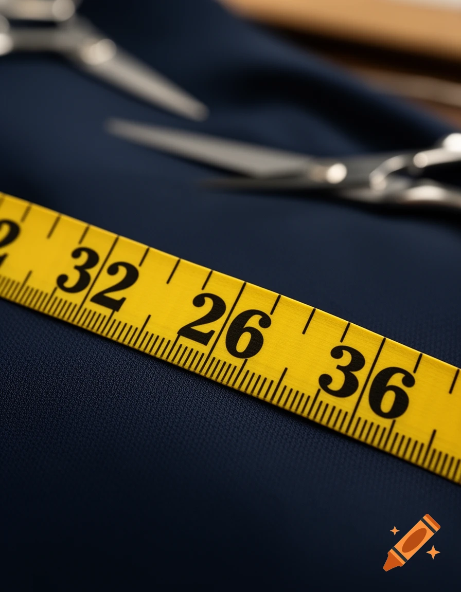 Close-up of a yellow measuring tape with numbers '32', '26', '36' on dark blue fabric, with blurred tailoring scissors in the background.