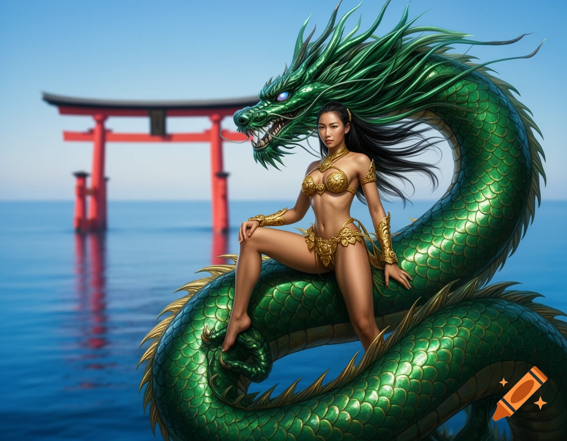 An Asian woman in golden armor rides a large emerald green dragon in the sea, with a red Torii gate in the background, digital art.
