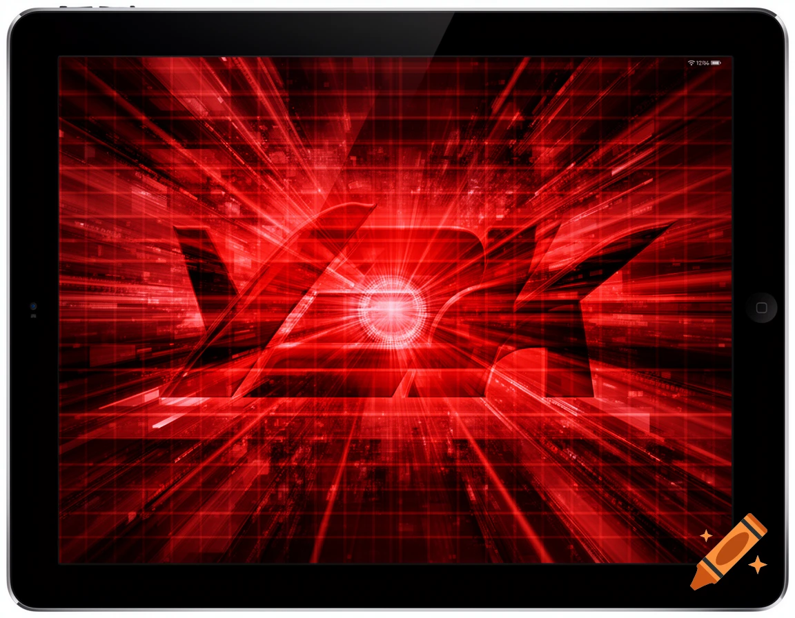 An iPad displays a red and black Y2K-themed digital wallpaper with radiating lines and a central glow, featuring the text 'Y2K'.