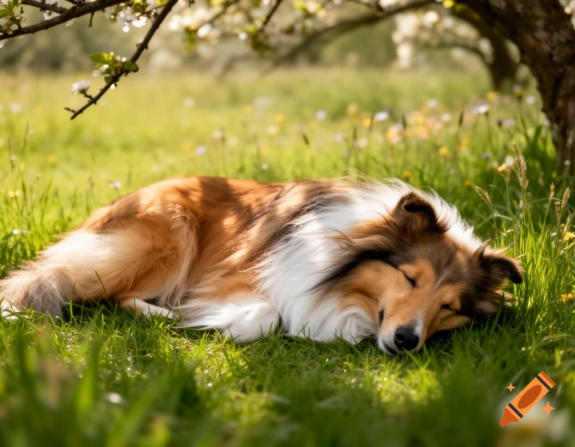 Photorealistic rough collie dog sleeping peacefully on its side in sunny green grass under a blooming tree branch.