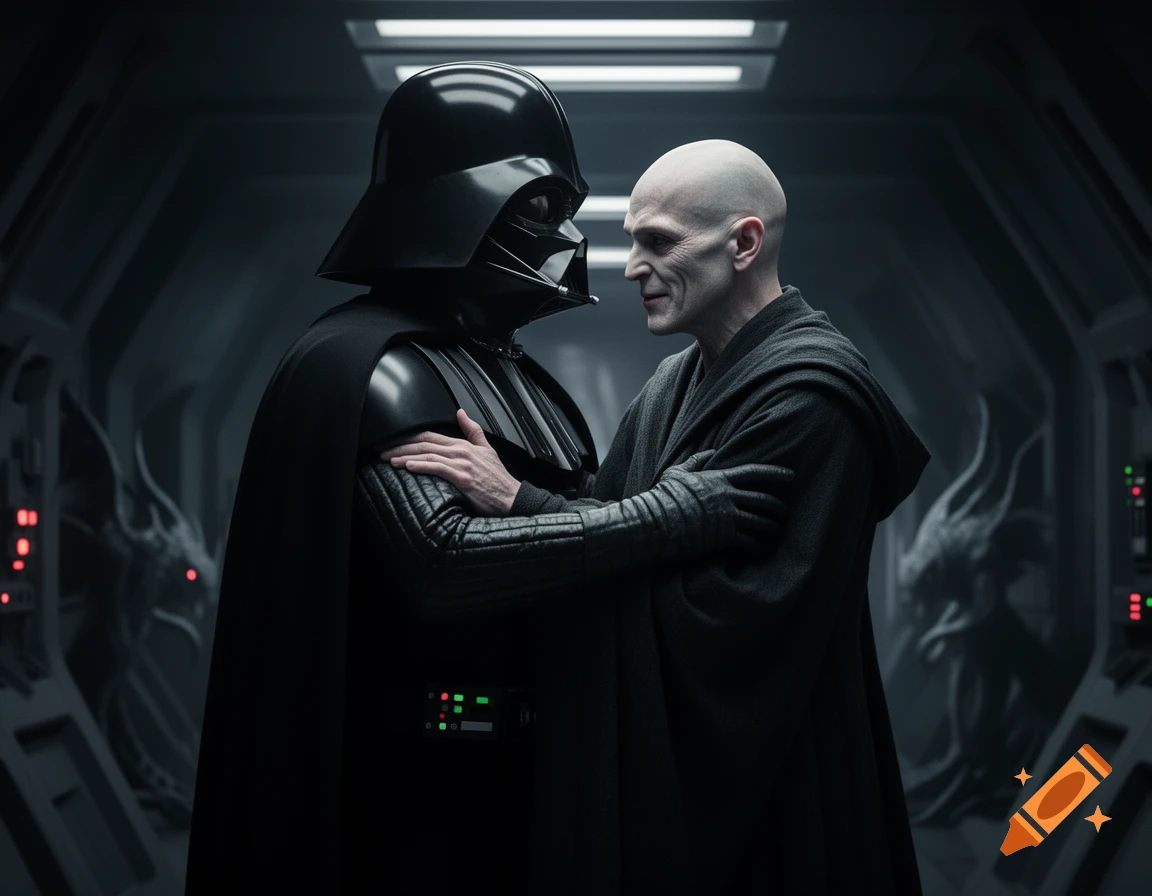 Darth Vader and a bald, gaunt man in dark robes face each other in a dimly lit, futuristic chamber.