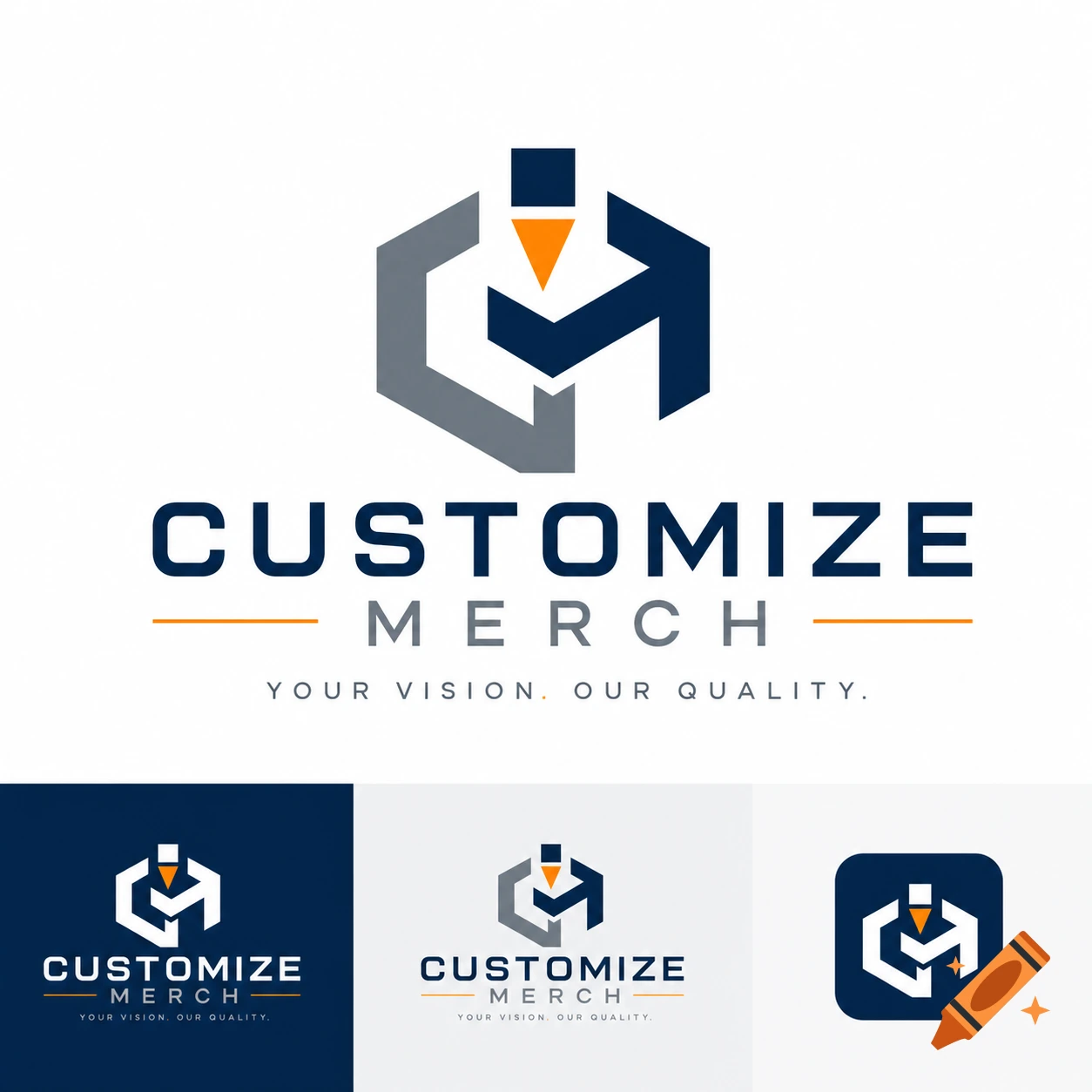 Modern logo with a stylized geometric 'CM' initial in grey and dark blue, with text 'CUSTOMIZE MERCH' and a tagline 'YOUR VISION. OUR QUALITY.'