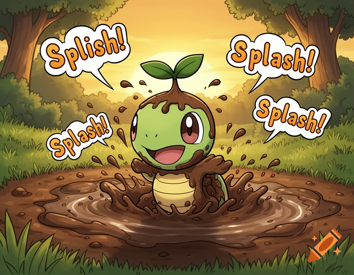 A cartoon Turtwig covered in mud splashes in a puddle in a forest, with speech bubbles saying 'Splish!' and 'Splash!'.