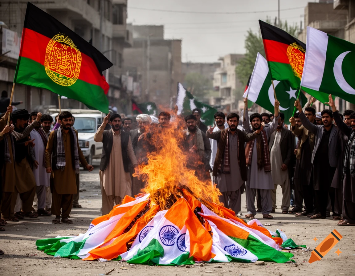 A crowd of men protest in a street, burning Indian flags on the ground while waving Afghan and Pakistani flags in the air. Photorealistic style.