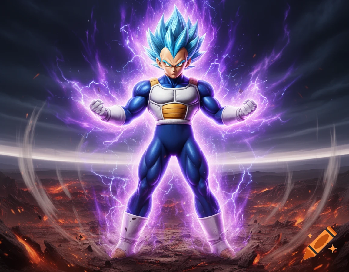 Hyper-realistic anime image of Vegeta with blue hair, glowing with intense purple energy amidst a fiery, destroyed landscape.