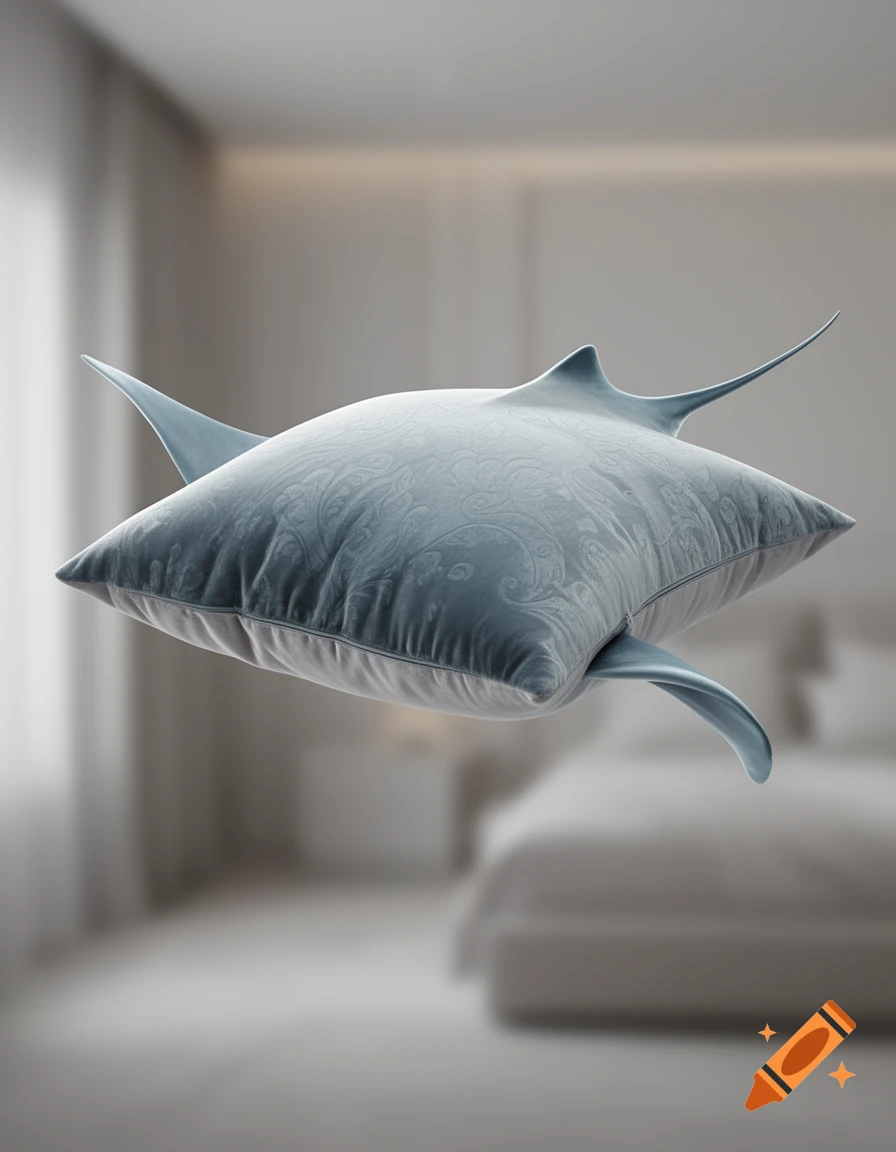 A light blue, patterned velvet pillow shaped like a stingray or shark, with fins and a tail, floats in a blurred bedroom.