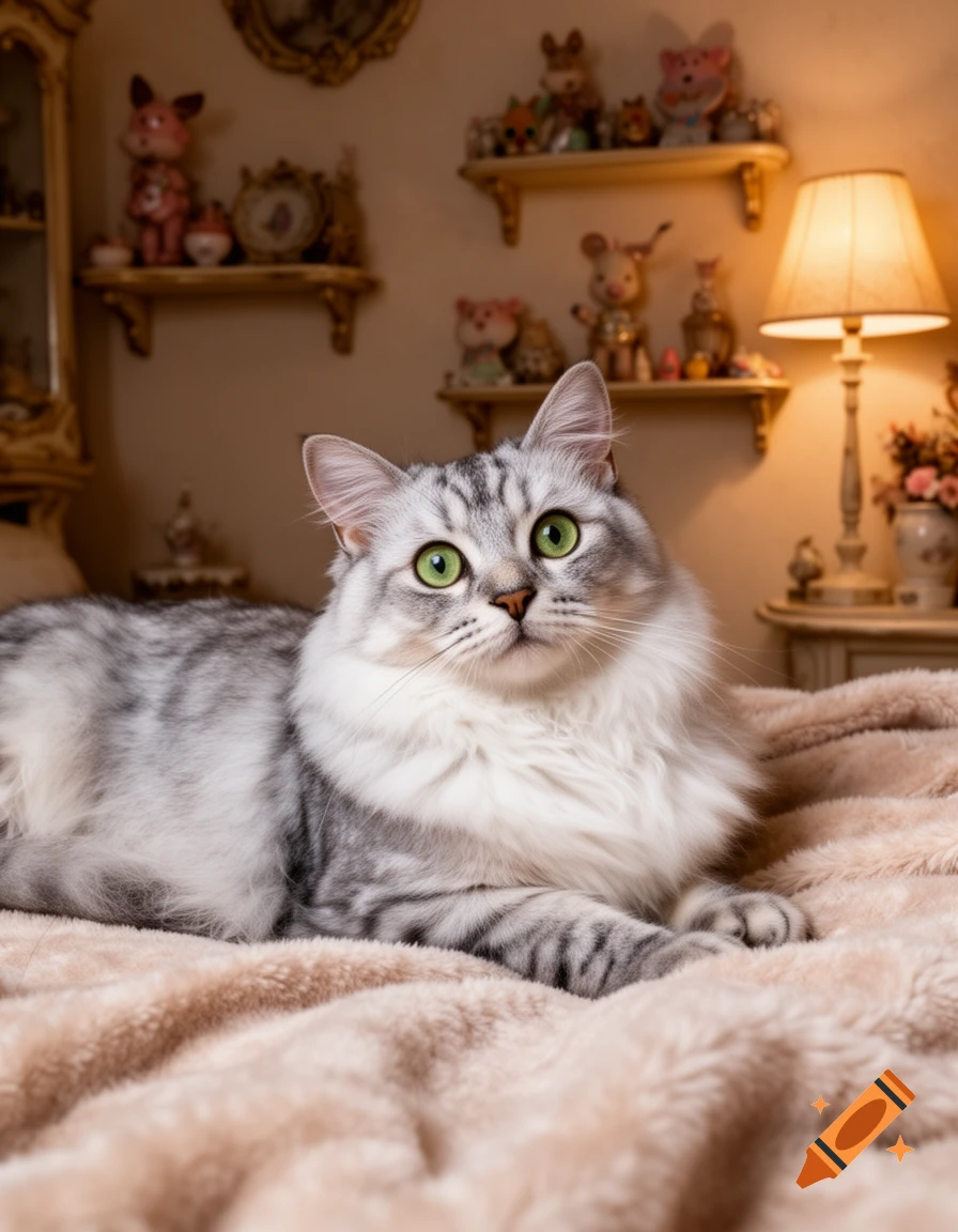 A fluffy silver tabby cat with bright green eyes lies on a soft brown blanket in a warmly lit room with decorative shelves and a lamp.