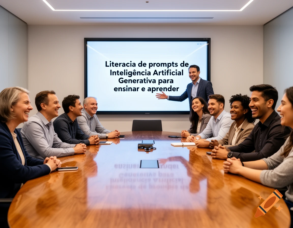 Diverse professionals smiling at a speaker presenting on "AI Prompt Literacy" on a large screen in a modern conference room.