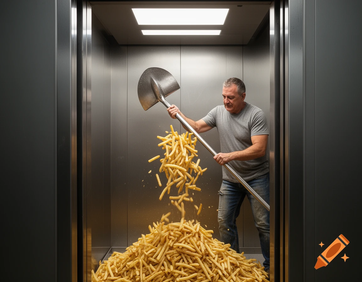 A man in a grey t-shirt and jeans shovels a huge pile of french fries inside a stainless steel elevator.