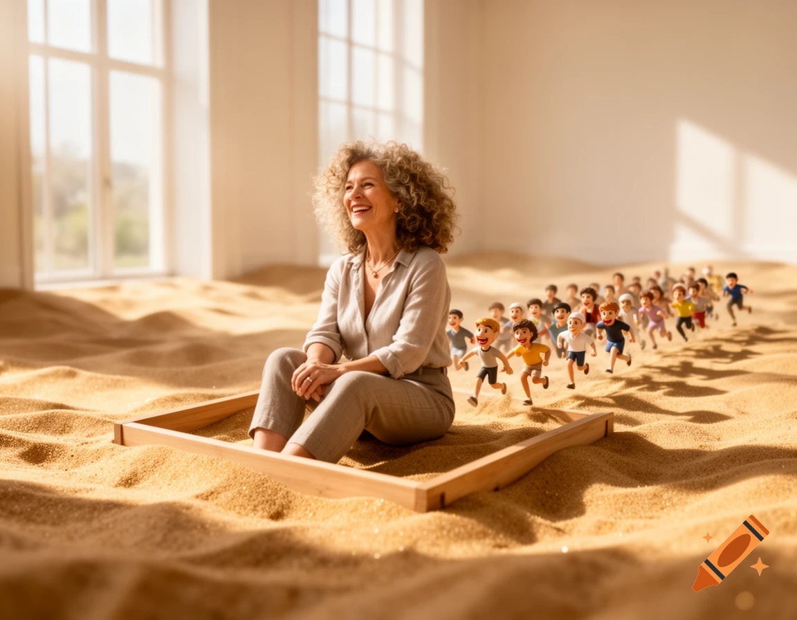 A smiling, curly-haired woman sits in a sand-filled room, framed by wood, while numerous small animated figurines run behind her.